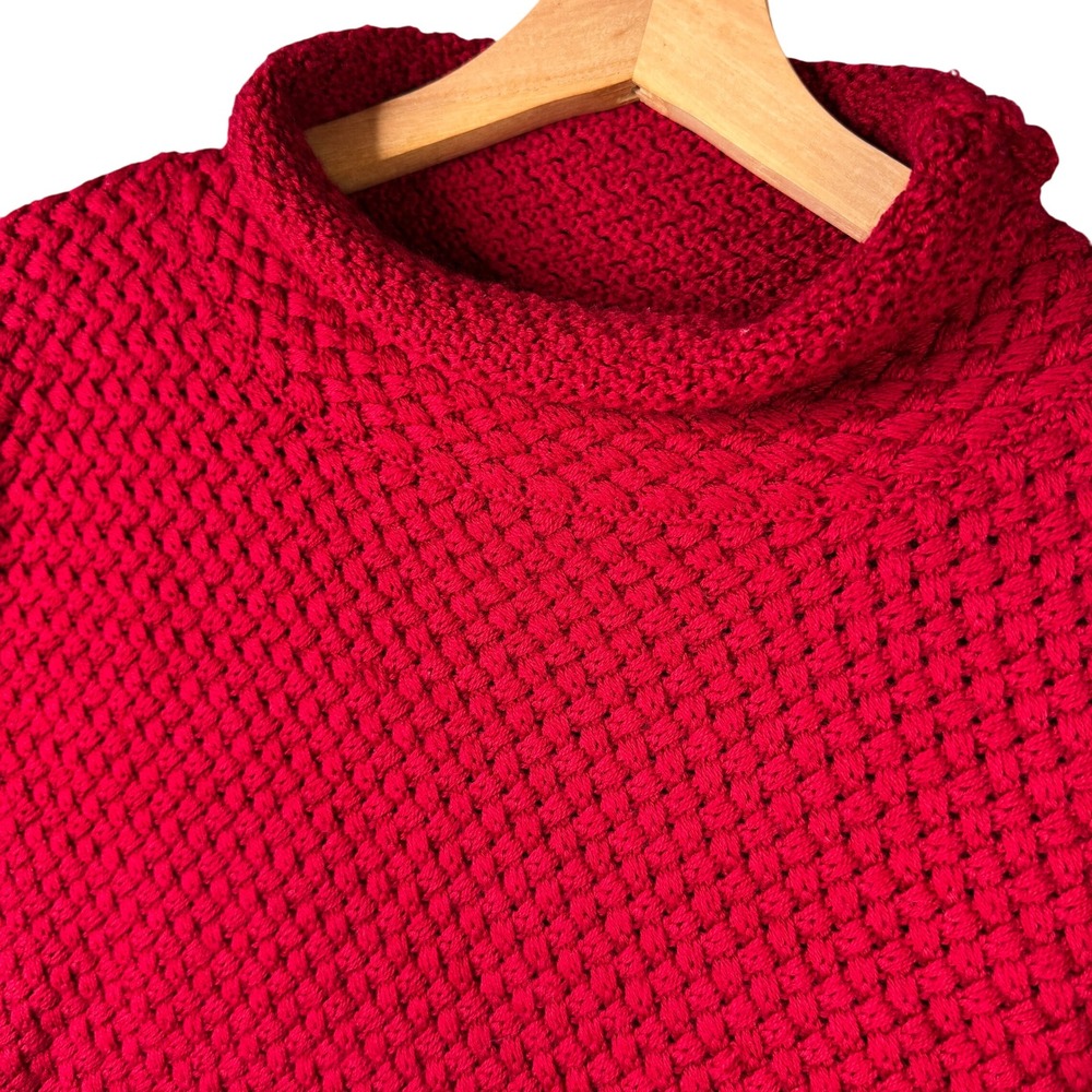 Eileen Fisher Red 100% Merino Wool Mock Neck Basketweave Knit Sweater Large